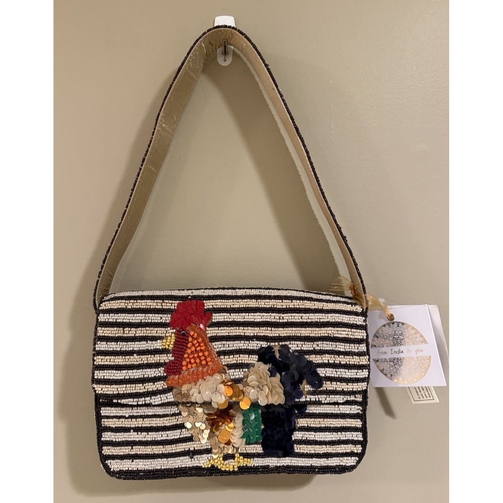 NWT Made In India Viral Beaded Bag Striped Sequin Rooster Chicken Purse